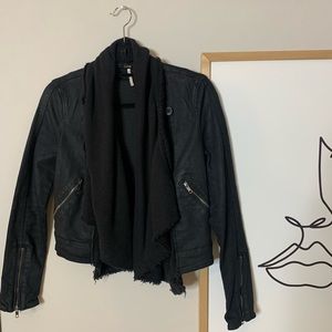 Free People Black Drape Coated Denim Convertible Knit Moto Jacket - Size XS 0